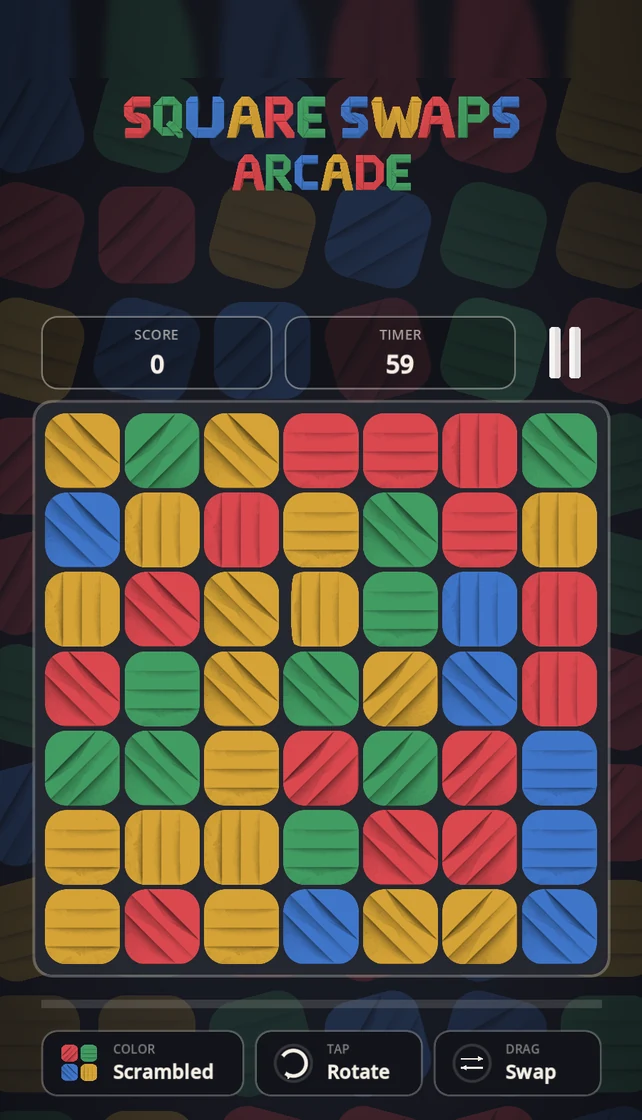 Arcade mode in play: a full board, score and a sixty-second timer across the top.