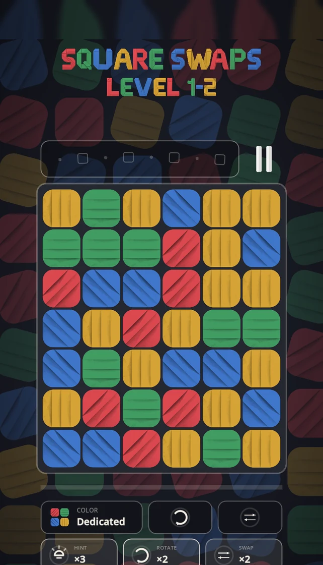 A Precision level in play: a fixed board of colored pieces, rank pips along the top, consumable counts below.